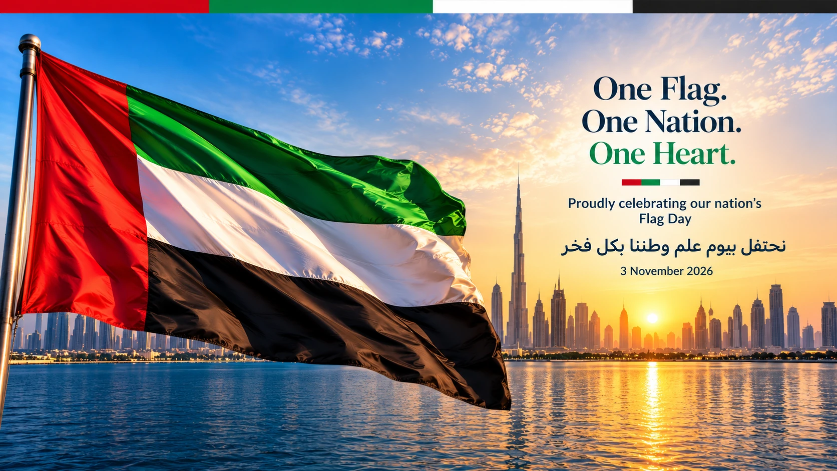 UAE Flag Day — One Flag. One Nation. One Heart. Proudly celebrating our nation's Flag Day. نحتفل بيوم علم وطننا بكل فخر — 3 November 2026